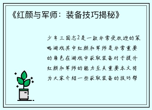 《红颜与军师：装备技巧揭秘》